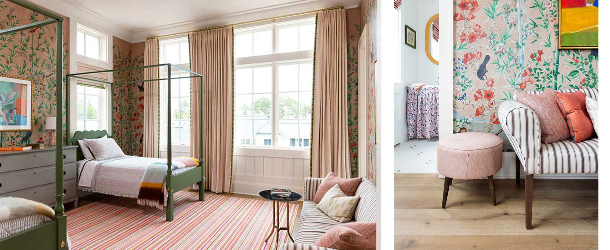 A bedroom featuring green four poster twin beds, bright floral wallpaper, and Marvin Elevate Casement windows and a close up photo of wallpaper and sofa in the 2022 Southern Living Idea House.