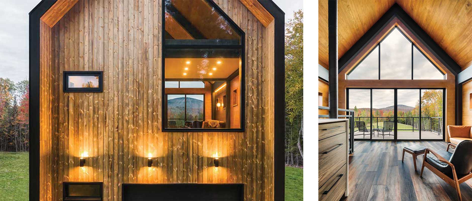 A view of Stratton Mountain in Vermont through the Marvin windows and sliding patio door of a modern barn-style guest house.