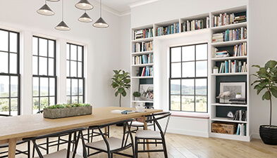 Living area with Marvin mixed frame and sash window with designer black finish