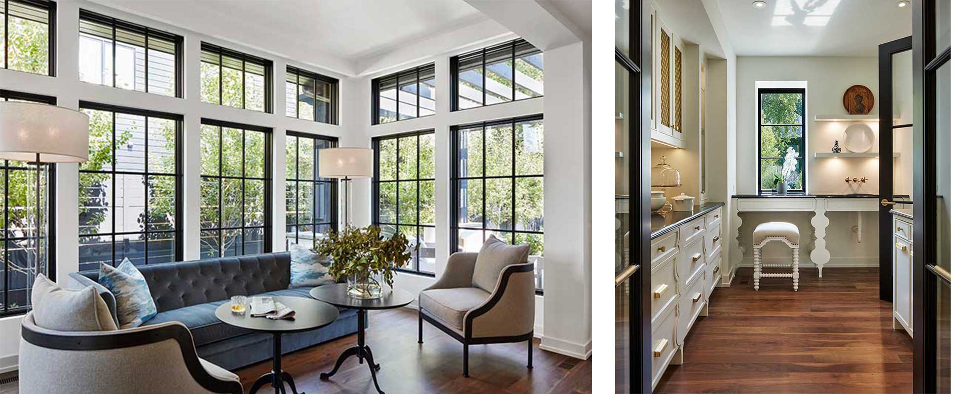 A sitting area surrounded by Marvin Elevate windows with SDLs and transoms and a desk in the kitchen of a Modern Mediterranean home