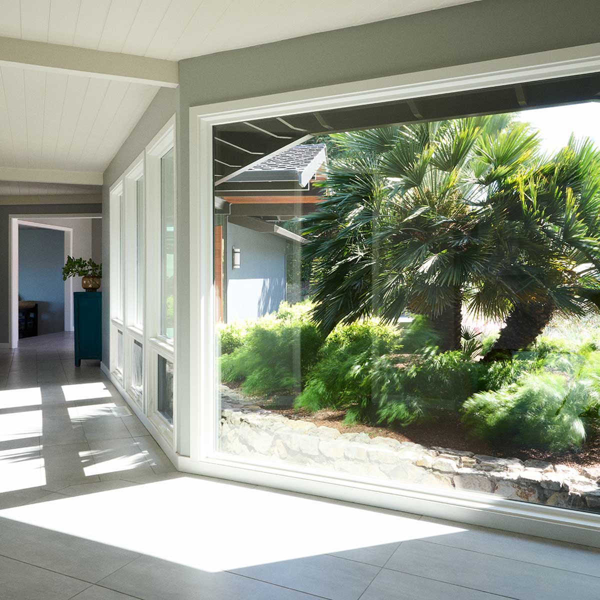 A hallway featuring a large Marvin Ultimate Direct Glaze window looking out to palm trees and other greenery.