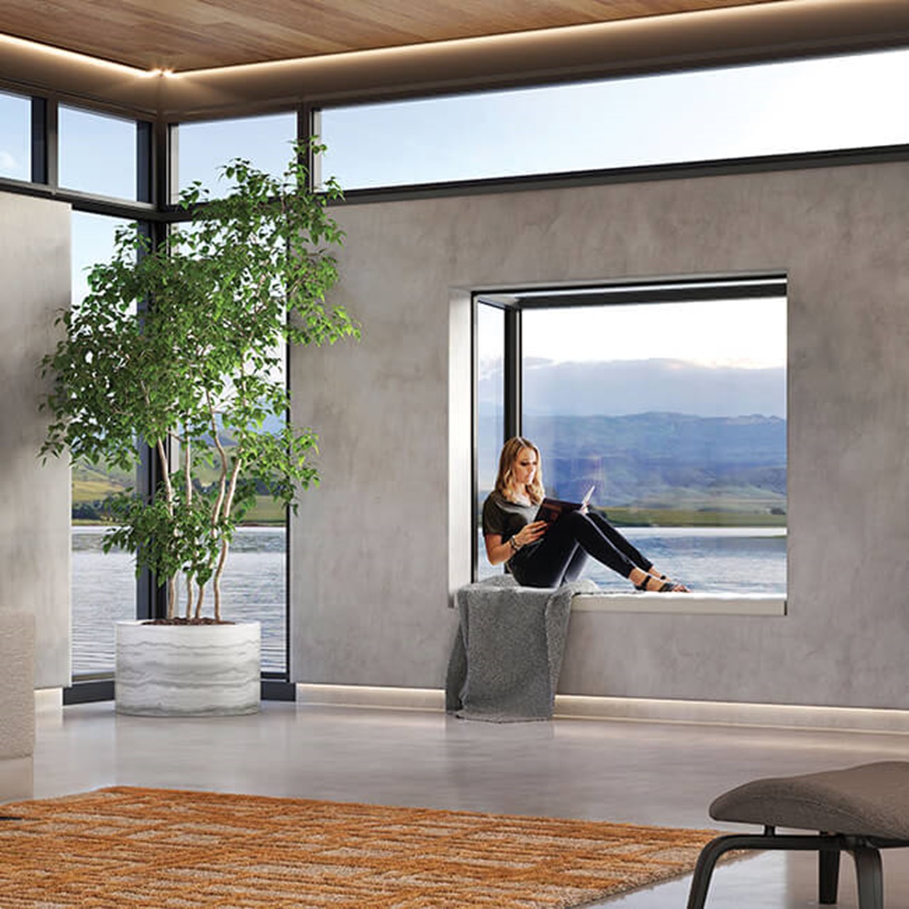 Interior of modern style home with Woman sitting in Marvin Skycove window box