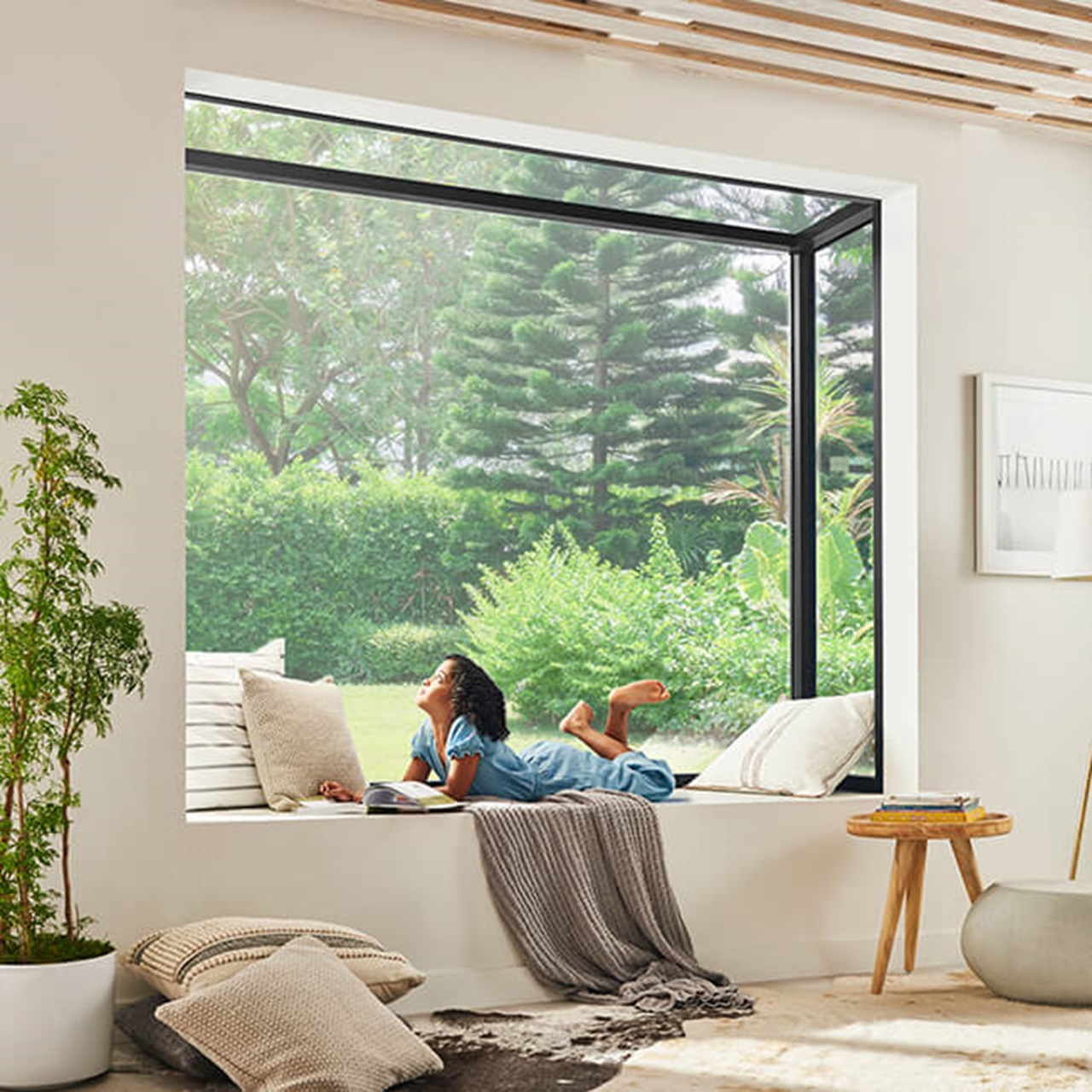 Interior of home with girl in Marvin Skycove window box