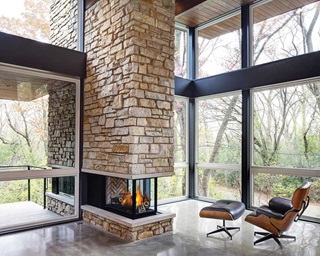 Fireplace And Interior View Of Essential Picture Windows